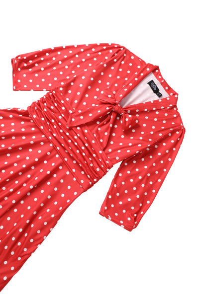 Close up view the top of Sandra Bow Tie Casual Dress In Red Polka Dots