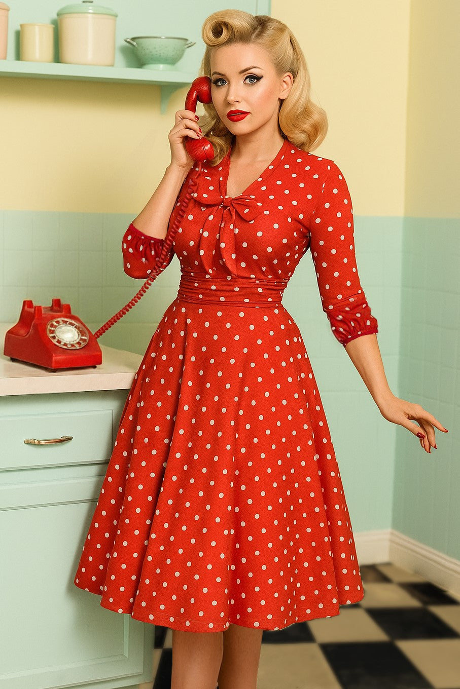 Sandra Bow Tie Casual Dress In Red Polka Dots