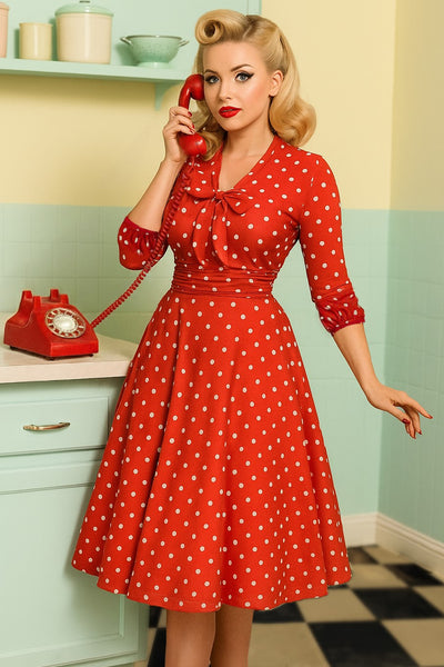 Sandra Bow Tie Casual Dress In Red Polka Dots