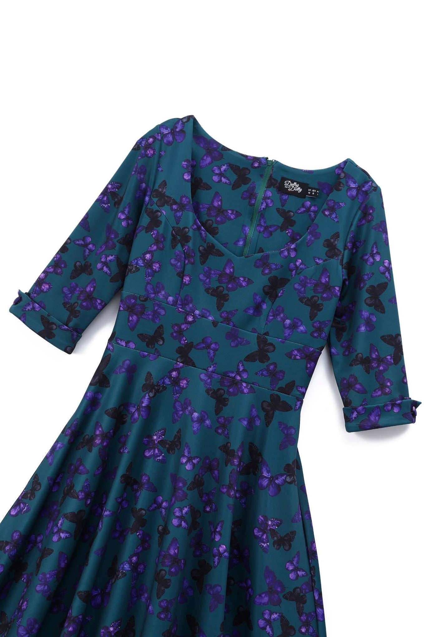 Close up view the top of Scarlette Butterfly Midi Dress In Peacock Blue