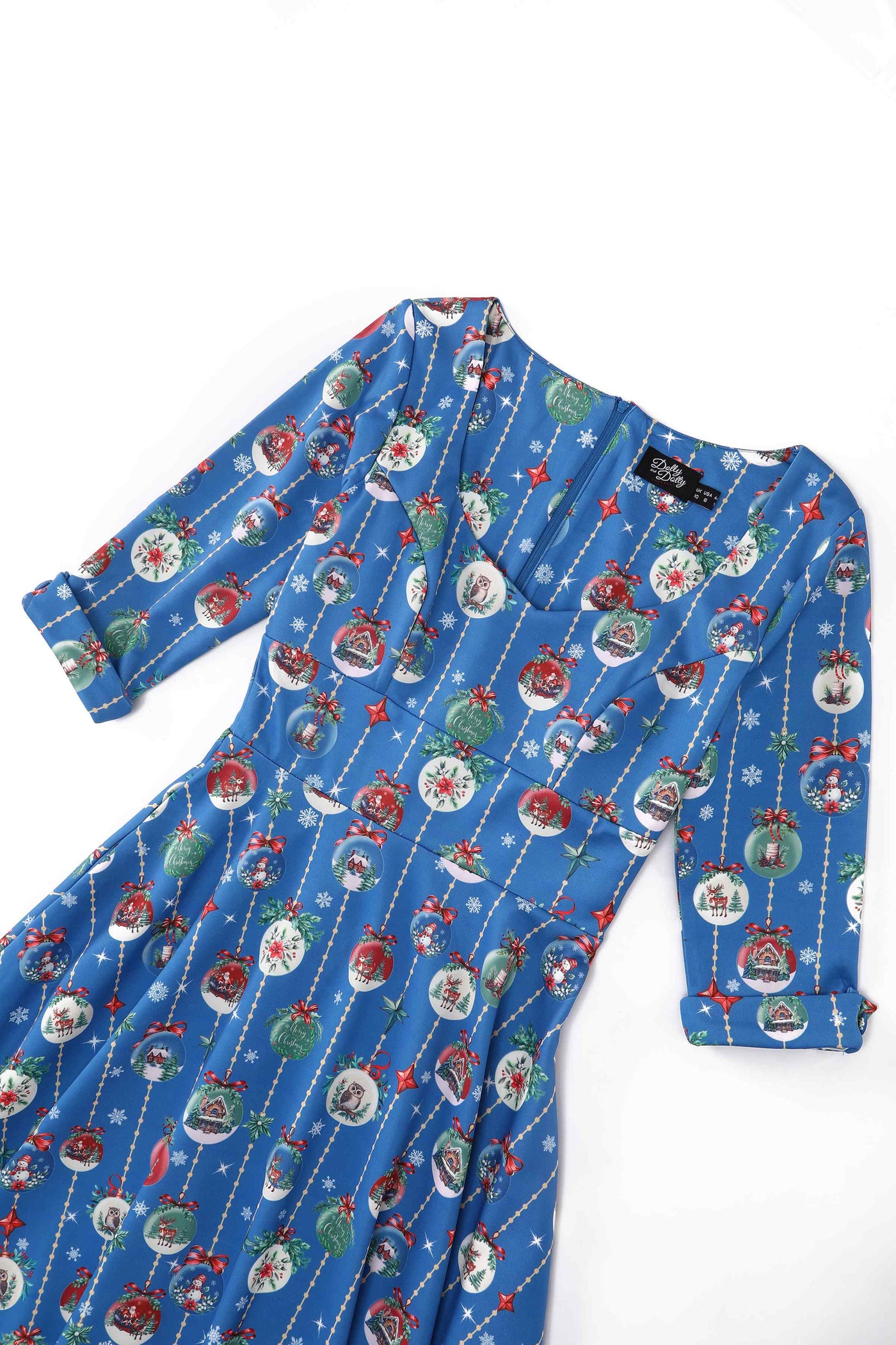 Close up view the top of Scarlette Christmas Bauble Midi Dress