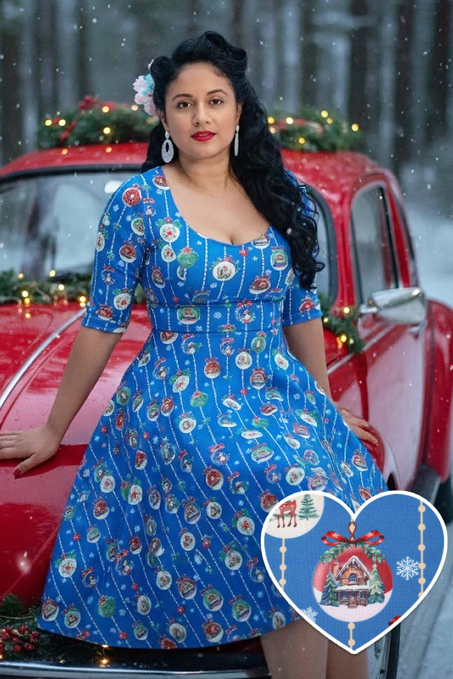 A model wearing a Scarlette Christmas Bauble Midi Dress