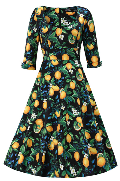 Front view of Scarlette Lemon Midi Dress In Dark Blue