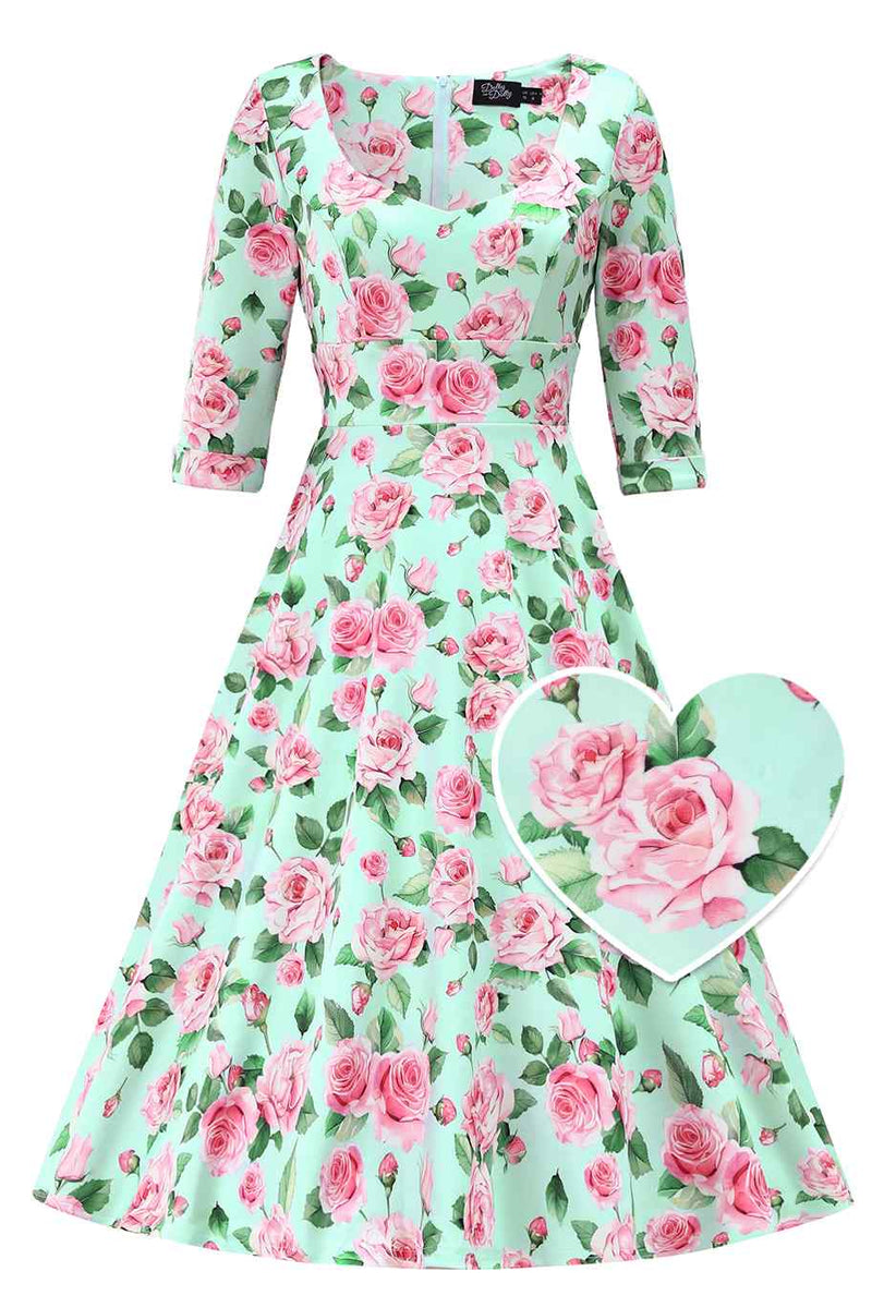 Front view of Pink Rose Midi Dress In Baby Blue