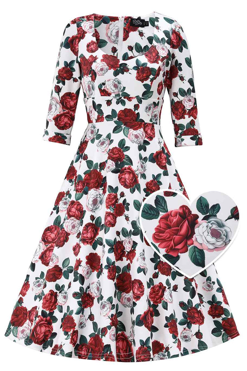 Front view of Red Peony Midi Dress In White