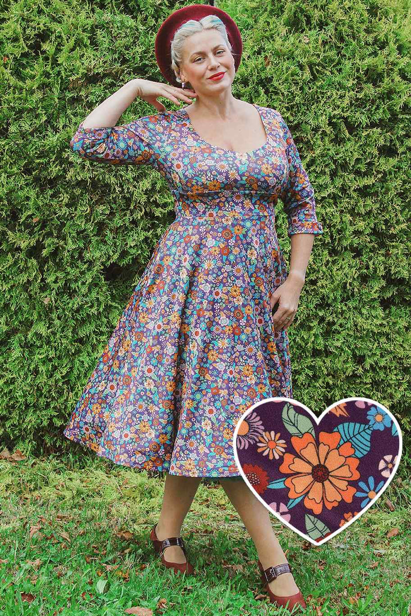 Retro 70s Floral Print Dress In Dark Purple