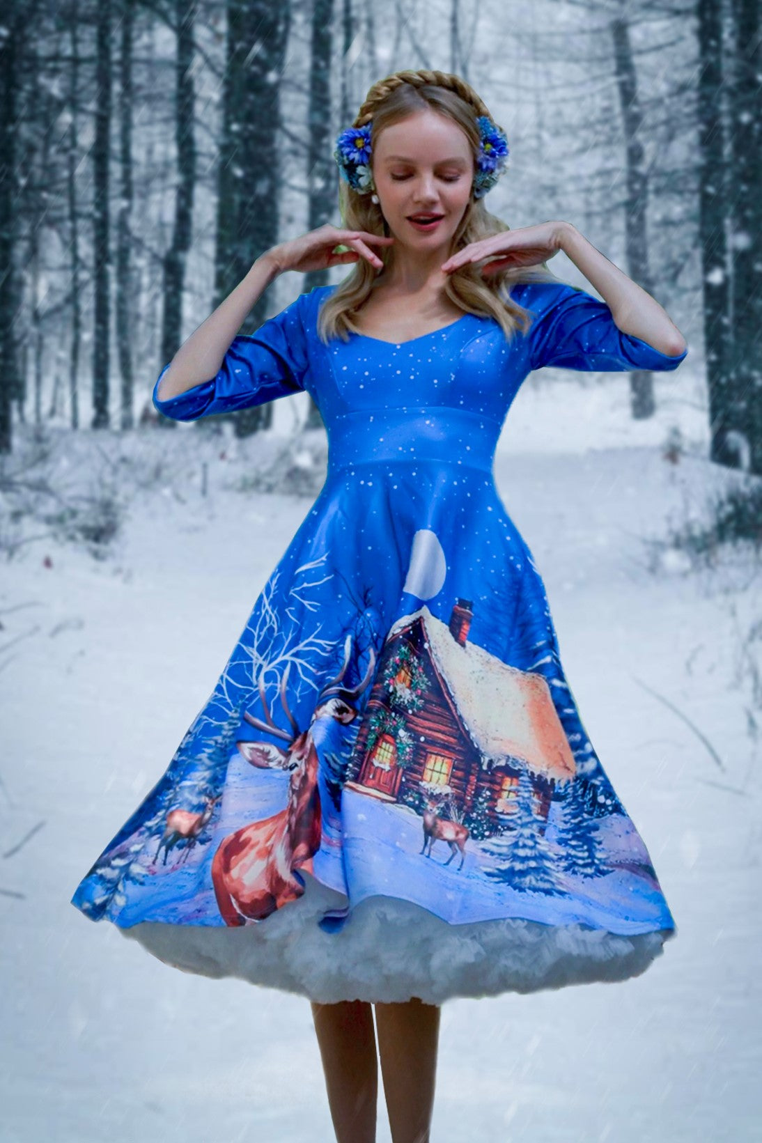 A lovely model wearing a Scarlette Snowy Christmas Night Reindeer Midi Dress