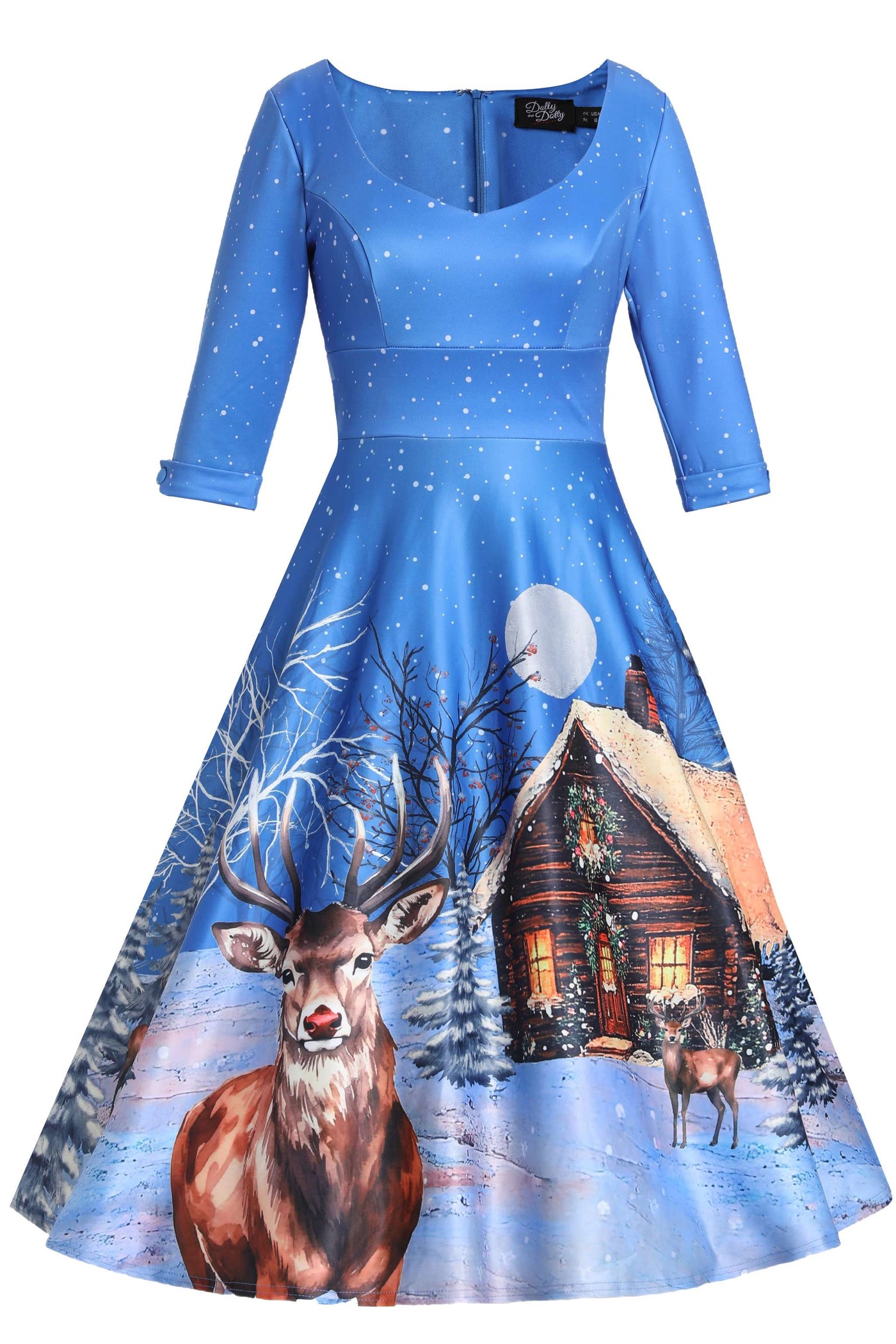 Front view of Scarlette Snowy Christmas Night Reindeer Midi Dress