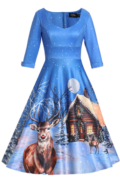Front view of Scarlette Snowy Christmas Night Reindeer Midi Dress