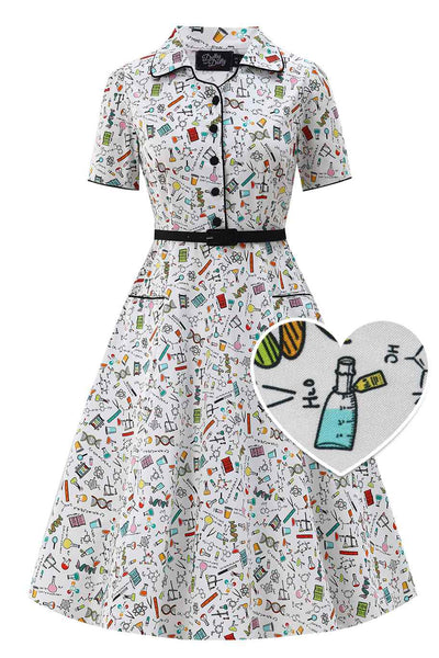 Front view of Science Midi Shirt Dress In White