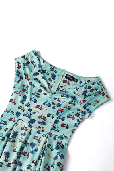 Close up View of Scooter Print Off Shoulder Dress in Turquoise Blue