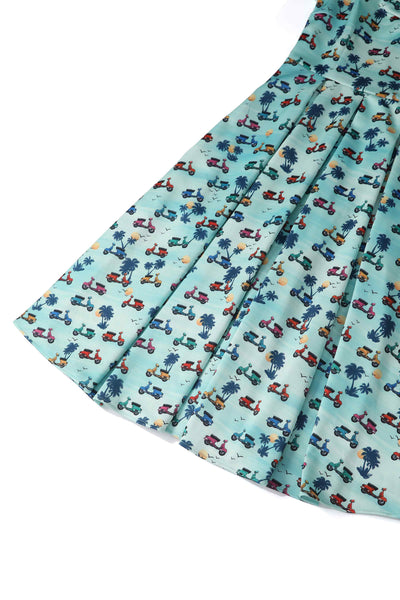 Close up View of Scooter Print Off Shoulder Dress in Turquoise Blue