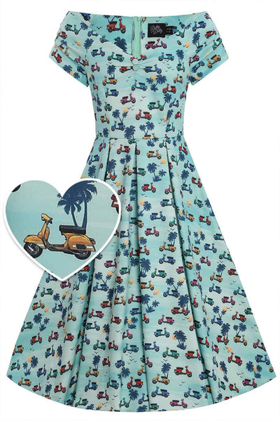 Front View of Scooter Print Off Shoulder Dress in Turquoise Blue