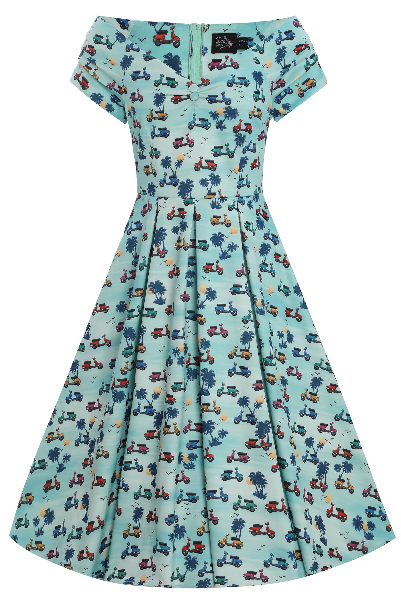 Front view of Scooter Print Off Shoulder Dress in Turquoise Blue