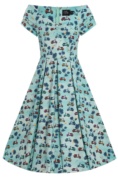 Front view of Scooter Print Off Shoulder Dress in Turquoise Blue