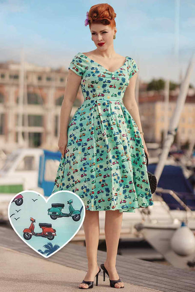 Model photo Front view of Scooter Print Off Shoulder Dress in Turquoise Blue