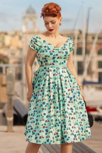 Model photo Front view of Scooter Print Off Shoulder Dress in Turquoise Blue