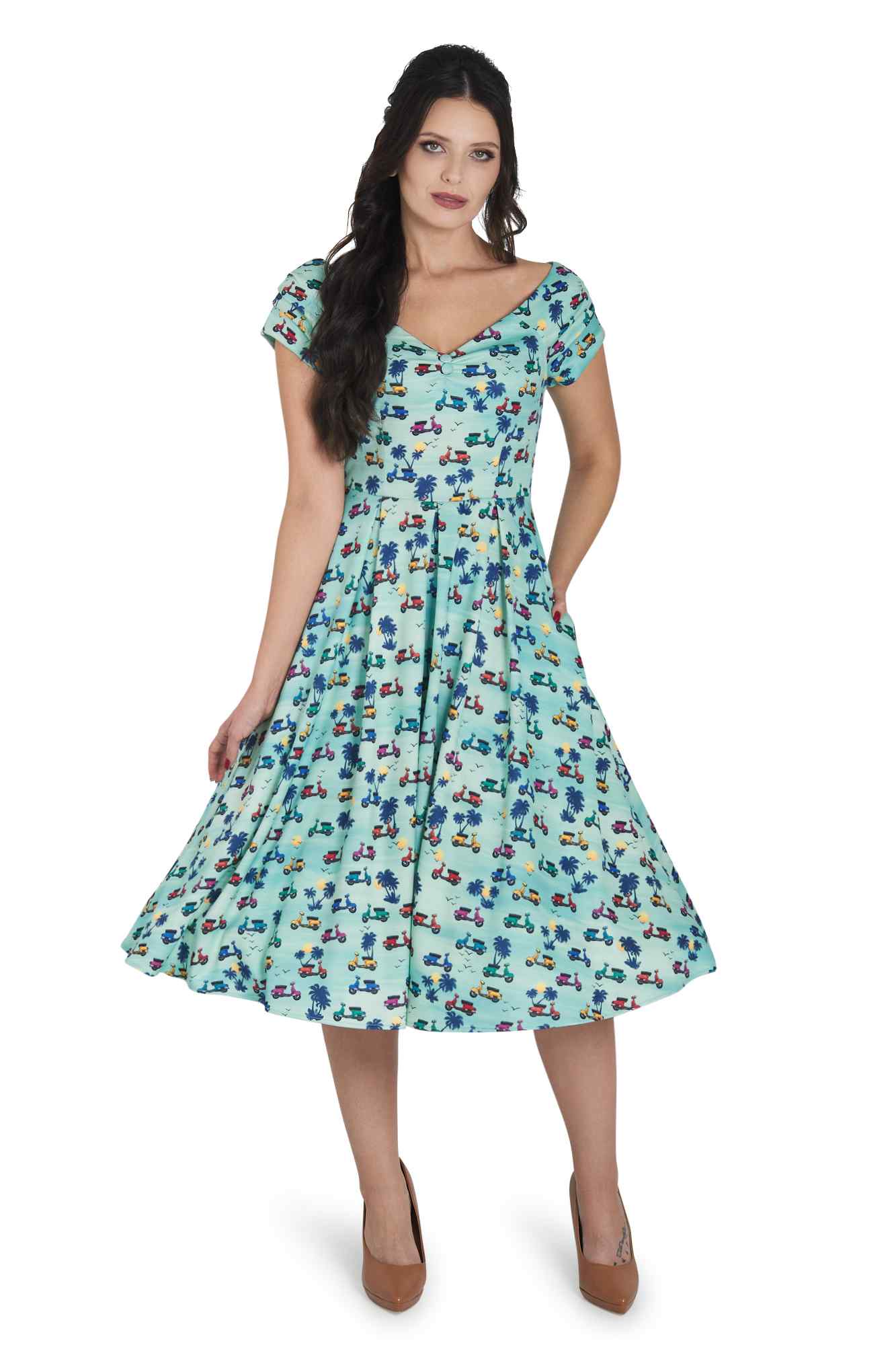 Model photo of Scooter Print Off Shoulder Dress in Turquoise Blue