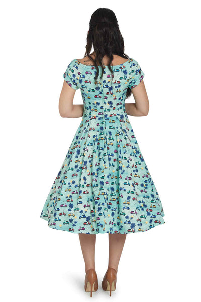 Model photo of Scooter Print Off Shoulder Dress in Turquoise Blue