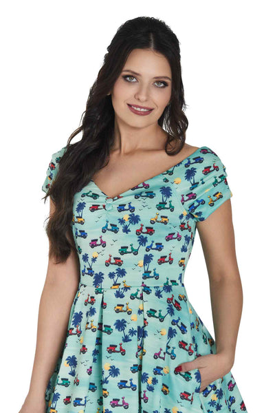 Model photo of Scooter Print Off Shoulder Dress in Turquoise Blue