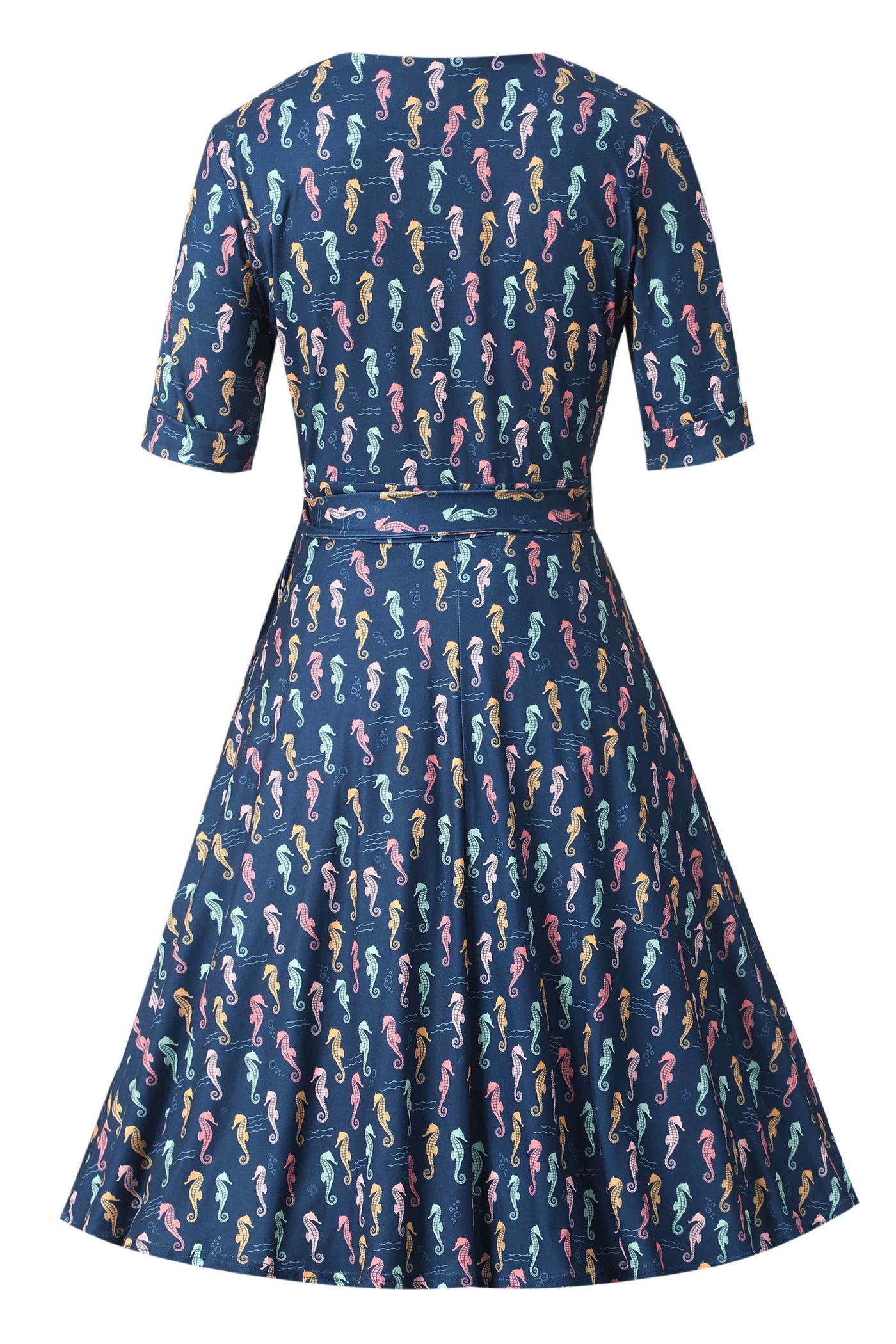 Back view of Navy Blue Seahorse Wrap Dress