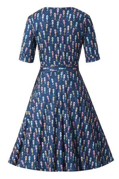 Back view of Navy Blue Seahorse Wrap Dress