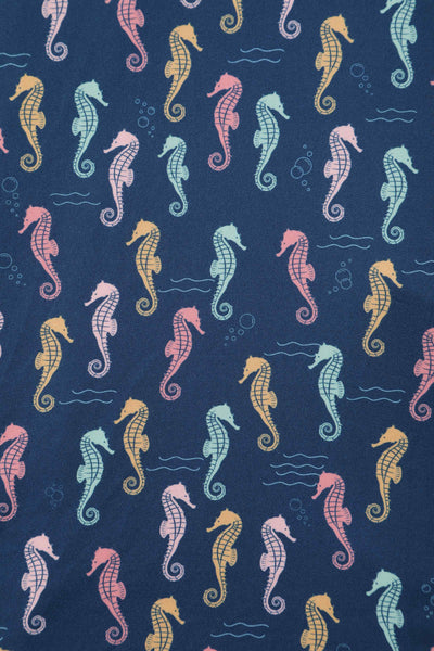 Close up view of Navy Blue Seahorse Wrap Dress
