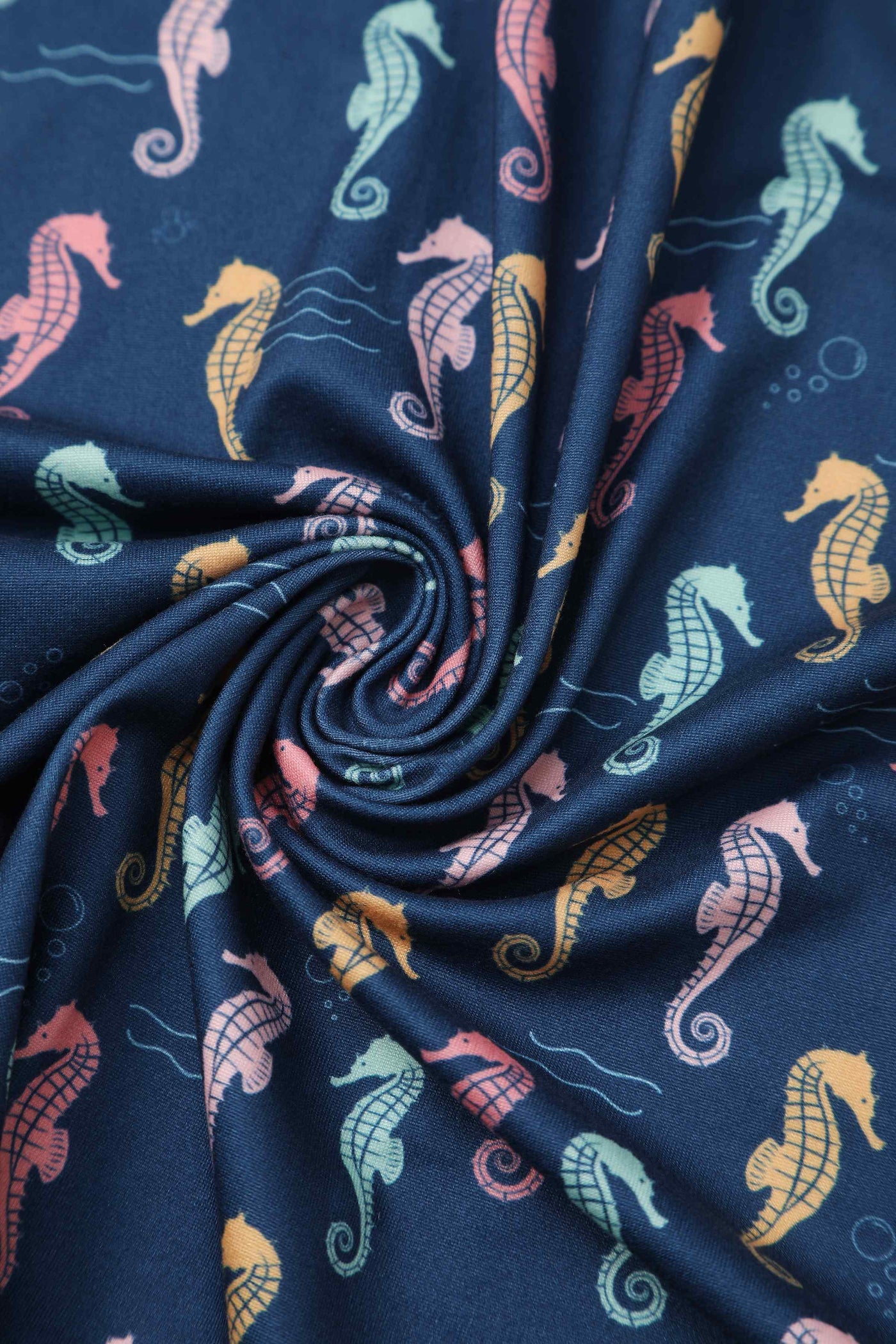 Close up view of Navy Blue Seahorse Wrap Dress