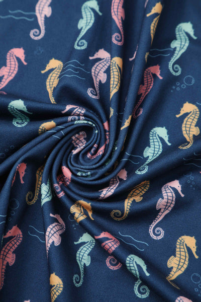 Close up view of Navy Blue Seahorse Wrap Dress