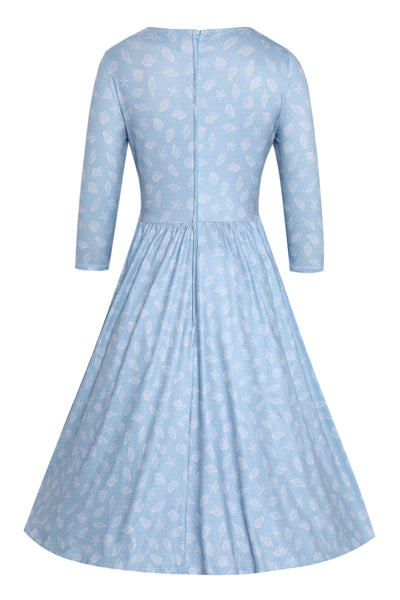 Back view of Seashell Print Casual Dress in Light Blue