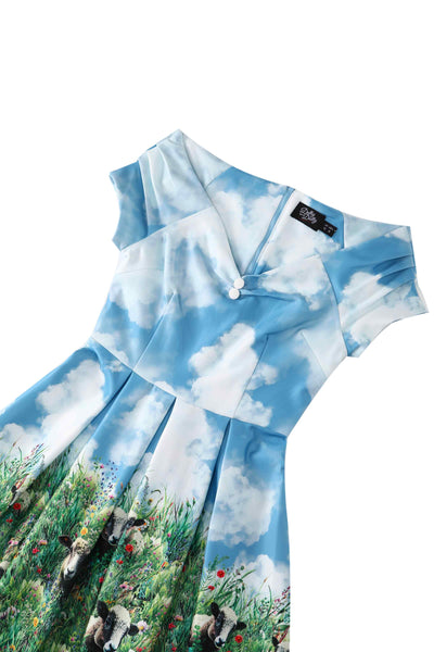 Close up view of Sheep Field Off Shoulder Dress
