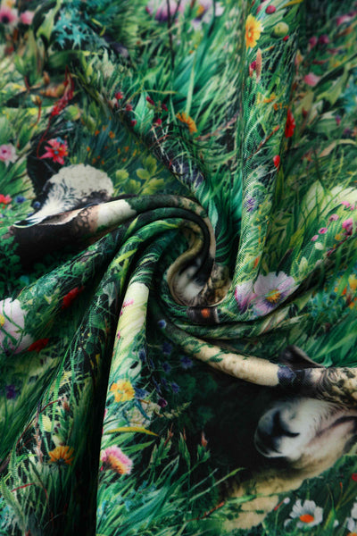 Close up view of Sheep Field Off Shoulder Dress