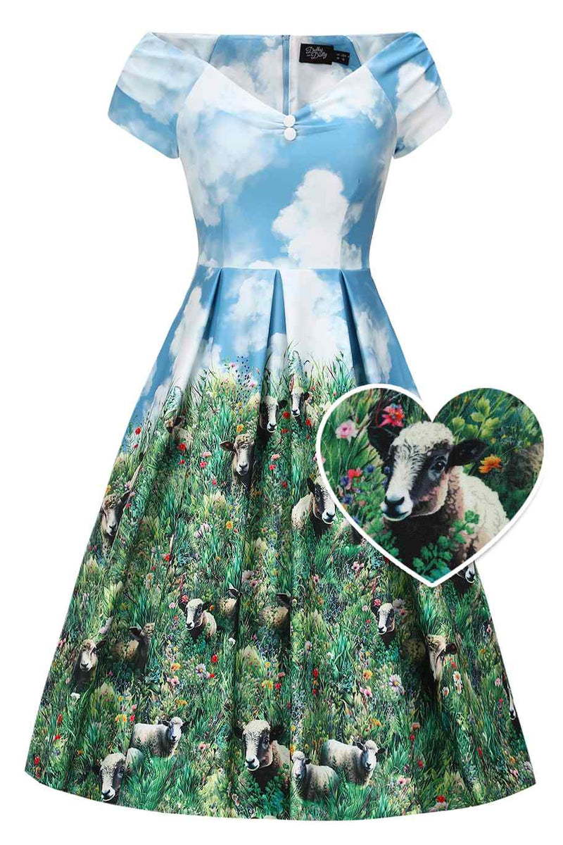 Front view of Sheep Field Off Shoulder Dress