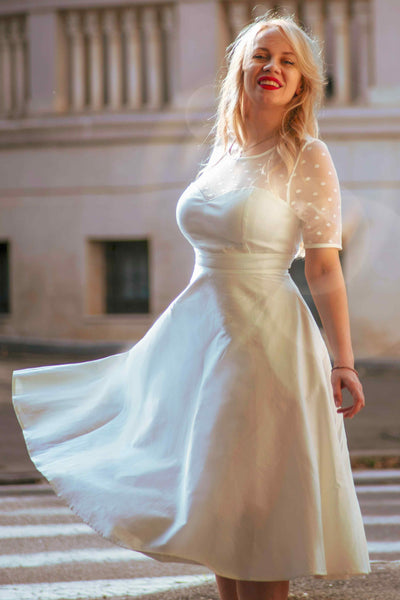 Short Sleeved Polka Dot Mesh Wedding Dress