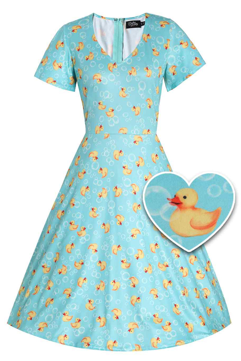 duck blue dress Palma Short Sleeved Tea Dress in Blue Rubber Duck Print