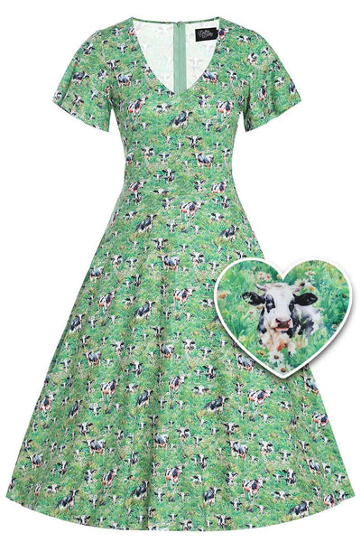 Front View of Dairy Cow Field Short Sleeved Dress in Green
