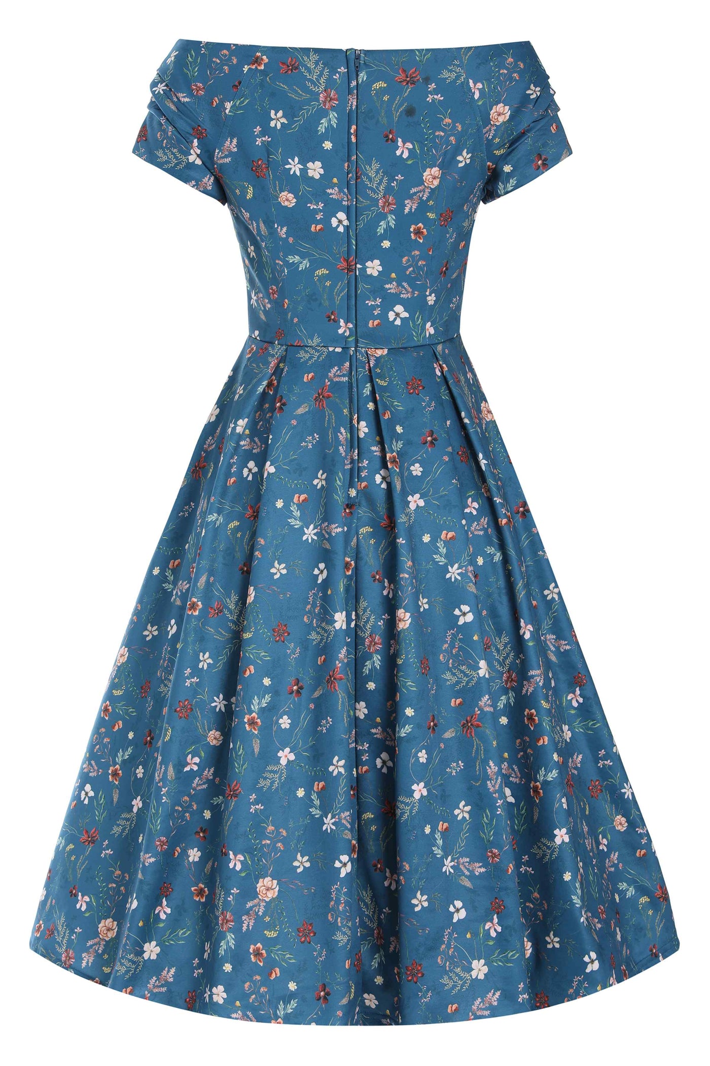 Back view of Teal Ditsy Floral Off Shoulder Dress