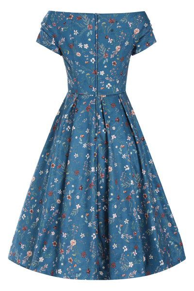Back view of Teal Ditsy Floral Off Shoulder Dress