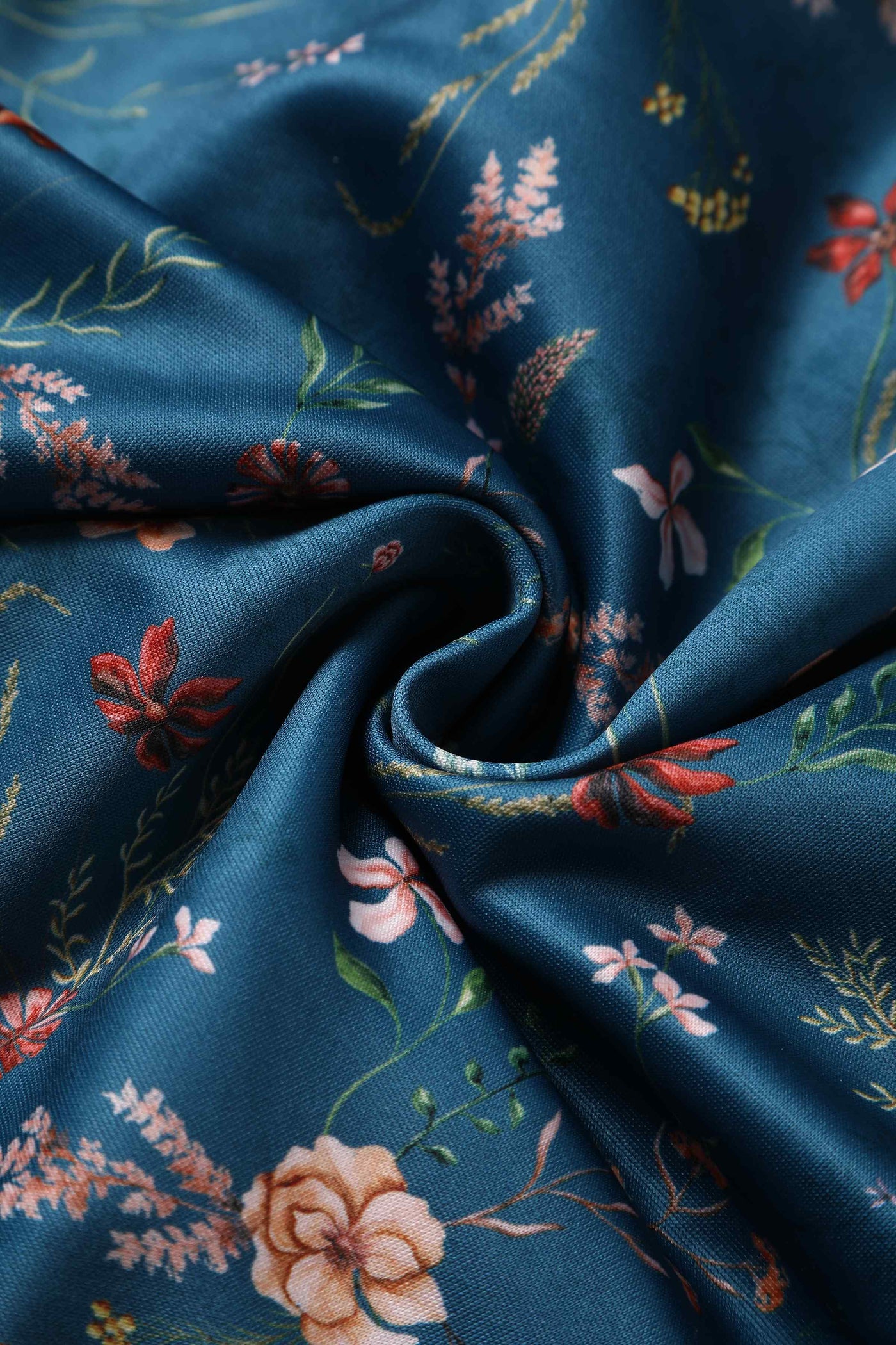 Close up view of Teal Ditsy Floral Off Shoulder Dress