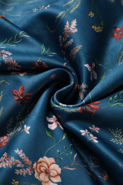 Close up view of Teal Ditsy Floral Off Shoulder Dress