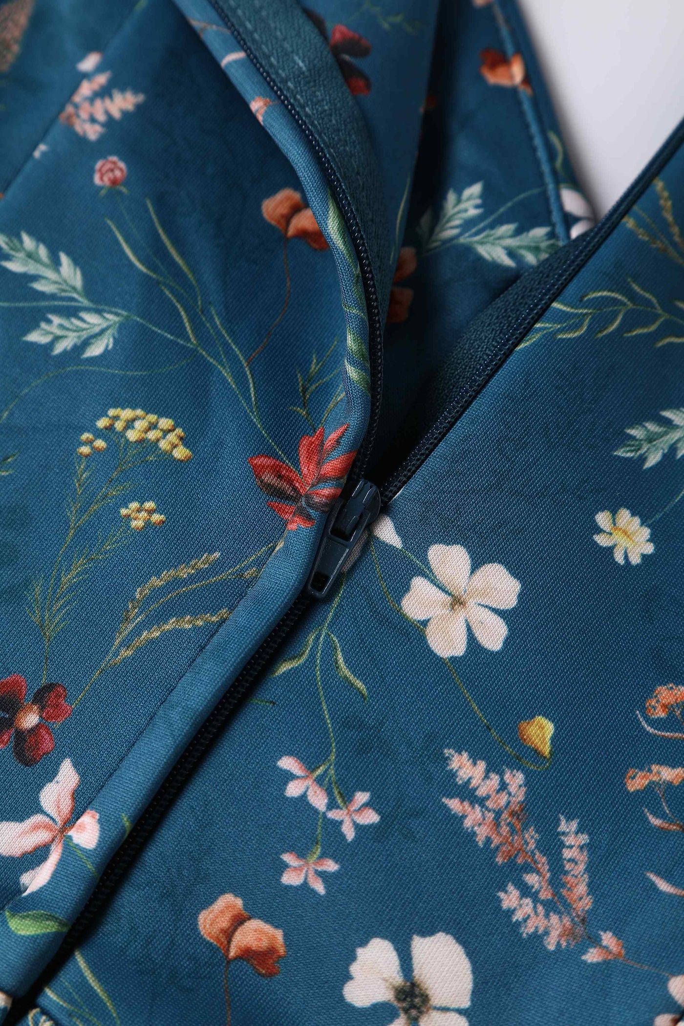 Close up view of Teal Ditsy Floral Off Shoulder Dress