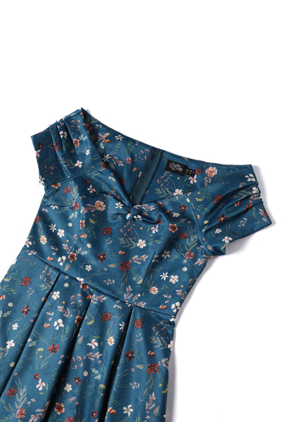 Close up view of Teal Ditsy Floral Off Shoulder Dress