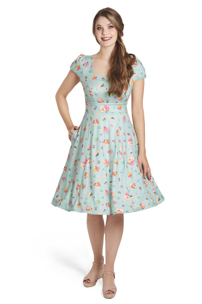 Sleeved Skater Dress In Pastel Tea Cake Print