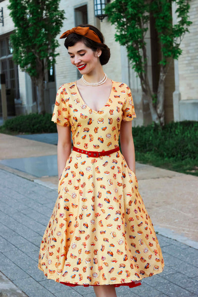 Sleeved Tea Dress in Muted Orange Apple Pie Print