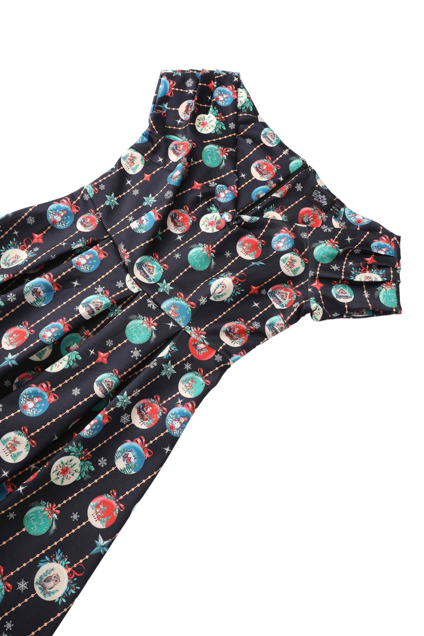 Close up view of Snow Globe Off Shoulder Dress