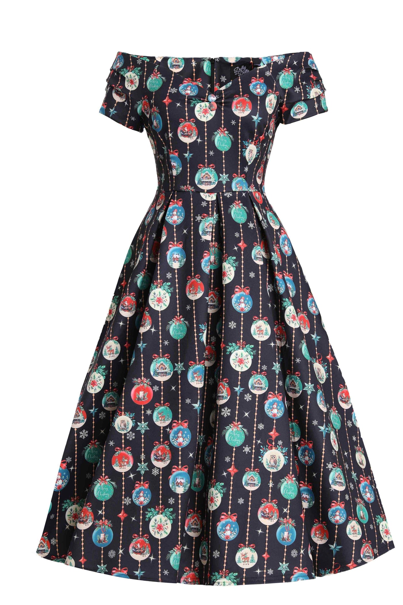 Front view of Snow Globe Off Shoulder Dress