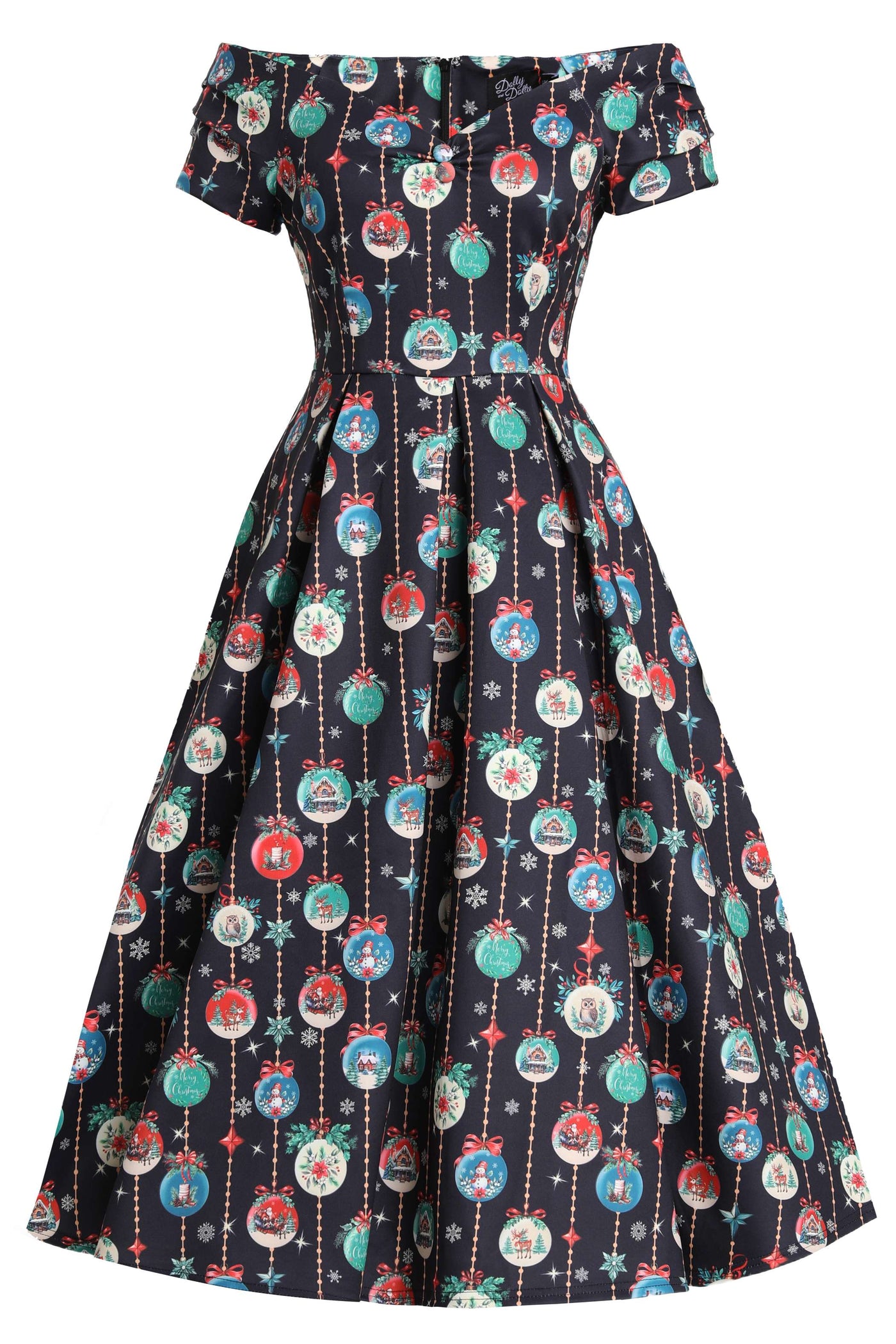 Front view of Snow Globe Off Shoulder Dress