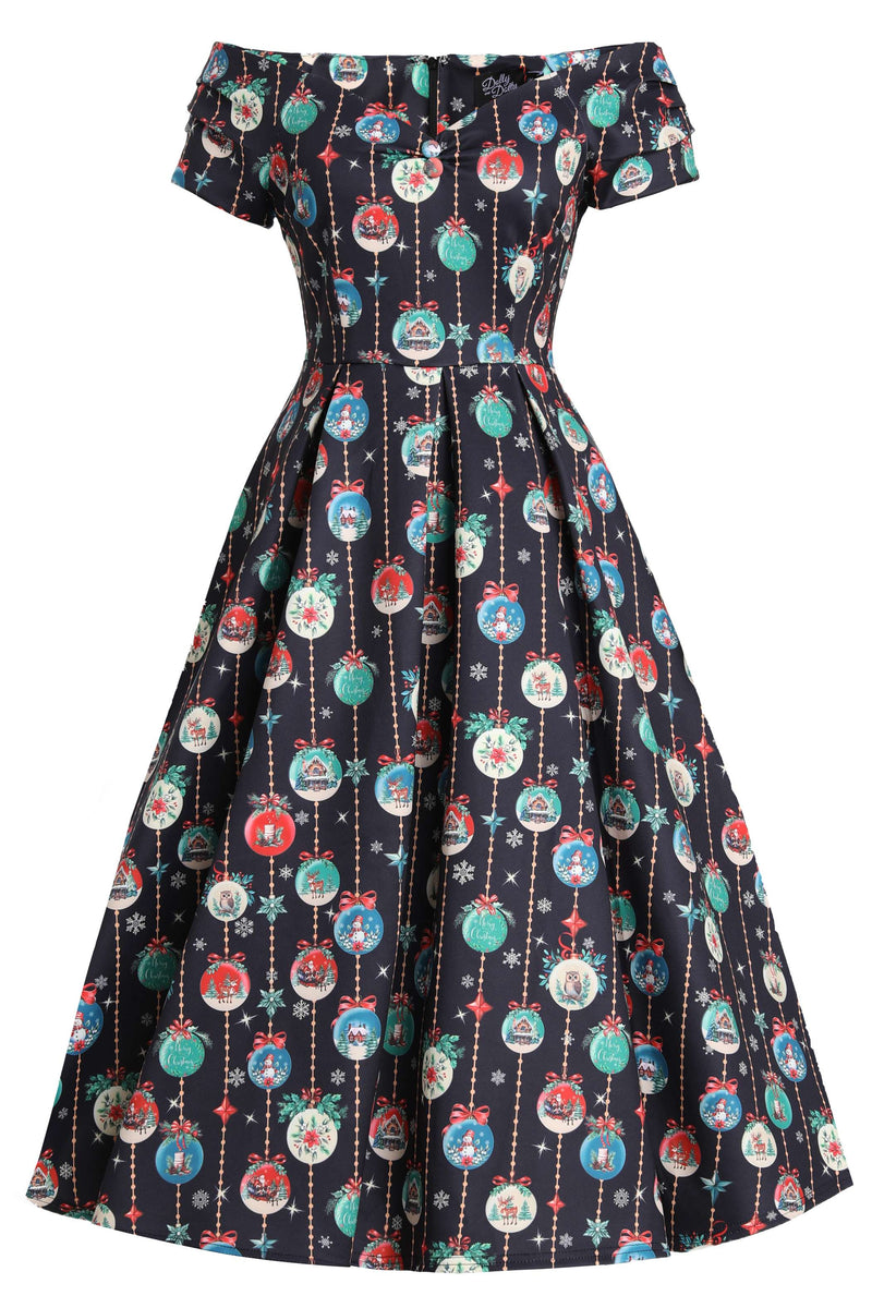 Front view of Snow Globe Off Shoulder Dress