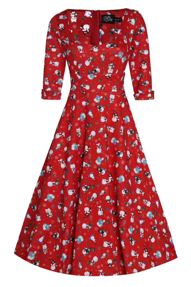 Front view of Snowman print Midi Dress in red