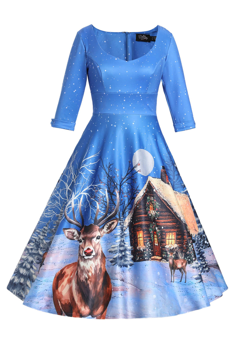 Front view of Snowy Christmas Night Reindeer Midi Dress